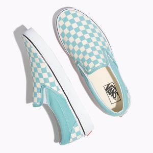 Vans Bayan Kaykay Ayakkabısı Checkerboard Slip-On Açık Turkuaz/Beyaz | 80028-665